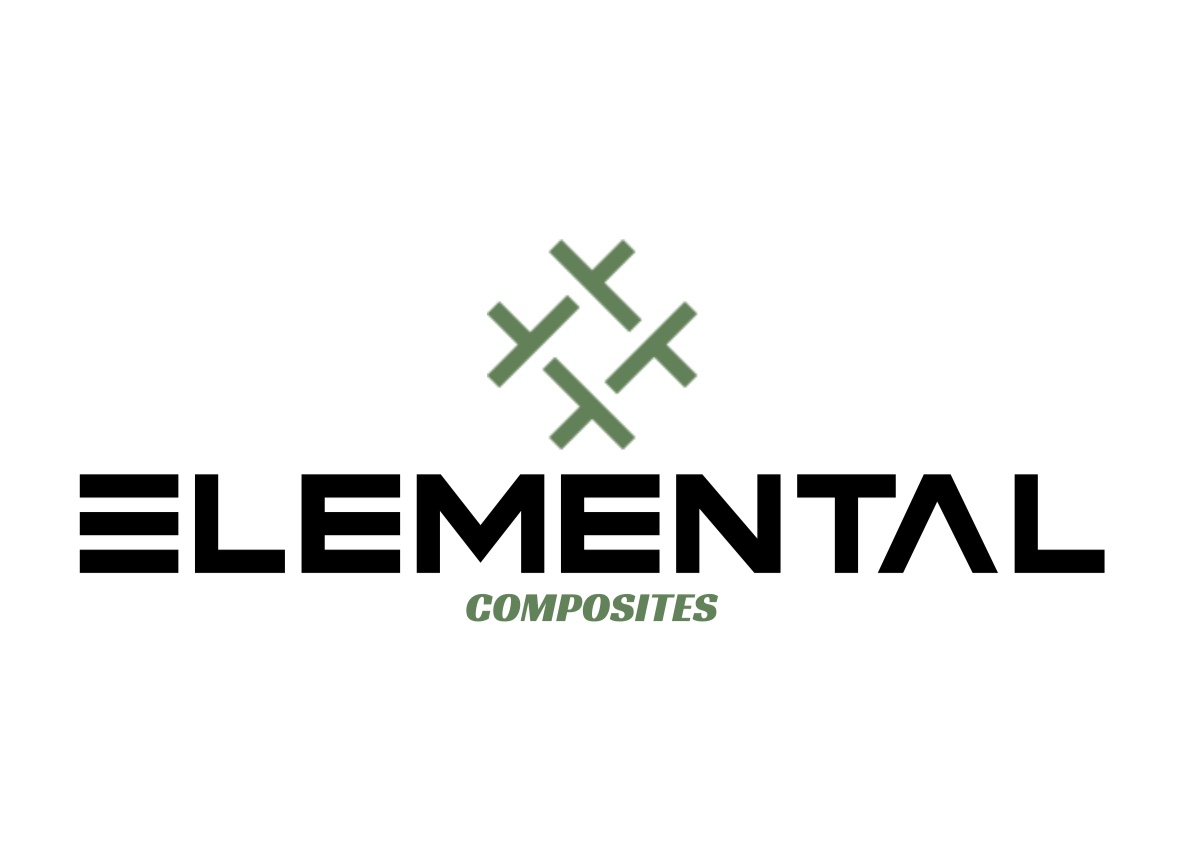 Logo of Elemental Composites featuring a stylized woven pattern in green above the bold, black text 'ELEMENTAL' with 'COMPOSITES' written underneath in green italics.