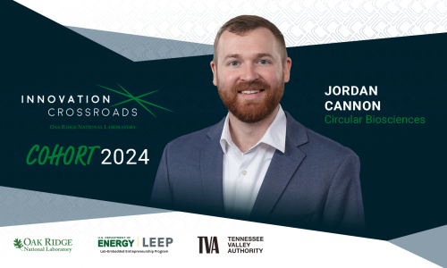 A professional headshot of Jordan Cannon, smiling and dressed in a light blue blazer and white collared shirt, is featured against a dark green and white background with subtle geometric patterns. Text on the left reads "Innovation Crossroads, ORNL, Cohort 2024." On the right, his name "Jordan Cannon" and "Circular Biosciences" appear in white and green text. Logos for ORNL, DOE LEEP (Lab-Embedded Entrepreneurship Program), and TVA are displayed along the bottom.