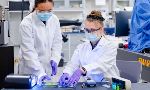 Two scientists in lab coats, face masks, and gloves work together in a laboratory. One is using a UV light on petri dishes while the other adjusts equipment on the table. Scientific instruments and lab materials are visible in the background.