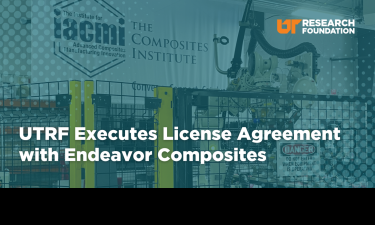 A manufacturing facility with advanced equipment is shown in the background. Overlaid text reads, 'UTRF Executes License Agreement with Endeavor Composites.' The logo for the UT Research Foundation (UTRF) is displayed in the upper right corner, and the Institute for Advanced Composites Manufacturing Innovation (IACMI) logo is partially visible on a banner in the background.