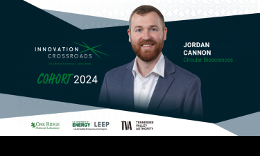 Jordan Cannon, a 2024 Innovation Crossroads cohort participant from Circular Biosciences, smiles in a professional headshot. The background features the Innovation Crossroads logo and the text 'Cohort 2024.' Partner logos of Oak Ridge National Laboratory, U.S. Department of Energy’s LEEP (Lab-Embedded Entrepreneurship Program), and Tennessee Valley Authority (TVA) are displayed at the bottom.