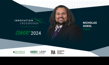 Nicholas Sokol, Innovation Crossroads Cohort 2024, with the Algaeo logo displayed. The graphic features the Innovation Crossroads logo, Oak Ridge National Laboratory, U.S. Department of Energy LEEP (Lab-Embedded Entrepreneurship Program), and Tennessee Valley Authority logos at the bottom.