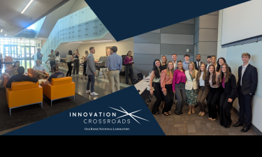 A split-image graphic showcasing the Innovation Crossroads logo. On the left, students and professionals mingle in a modern lobby with orange chairs and a staircase in the background. On the right, a large group of well-dressed students and mentors pose together in a classroom setting, smiling at the camera.