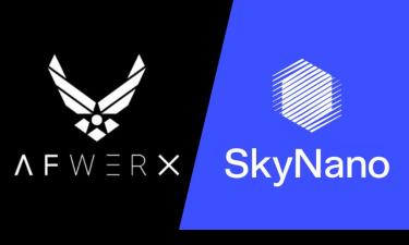 Split image featuring two logos: on the left, the AFWERX logo in white on a black background, representing the U.S. Air Force innovation program; on the right, the SkyNano logo in white with a hexagonal graphic on a blue background.