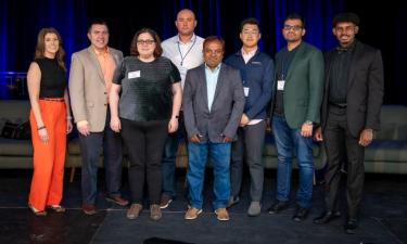 Innovation Crossroads Fellows and staff joined LEEP participants from other national labs at Berkley Commons. From left to right, Kelly Wampler, Dan Miller, Sarah Jordan, Marouane Salhi, Md Arifuzzaman, Dan Lee, Manas Pathak and Shantonio Birch. Credit: Thor Swift/Berkeley Lab The Regents of the University of California, Lawrence Berkeley National Laboratory