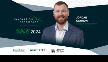 Jordan Cannon, a 2024 Innovation Crossroads cohort participant from Circular Biosciences, smiles in a professional headshot. The background features the Innovation Crossroads logo and the text 'Cohort 2024.' Partner logos of Oak Ridge National Laboratory, U.S. Department of Energy’s LEEP (Lab-Embedded Entrepreneurship Program), and Tennessee Valley Authority (TVA) are displayed at the bottom.