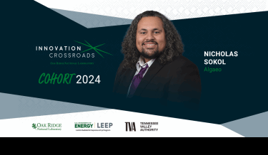 Nicholas Sokol, Innovation Crossroads Cohort 2024, with the Algaeo logo displayed. The graphic features the Innovation Crossroads logo, Oak Ridge National Laboratory, U.S. Department of Energy LEEP (Lab-Embedded Entrepreneurship Program), and Tennessee Valley Authority logos at the bottom.