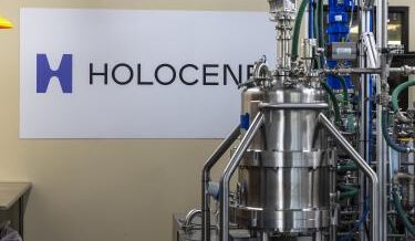 A sign on a wall reading "Holocene" in purple and black. The sign is displayed behind an industrial piece of equipment. 