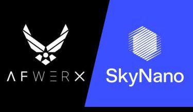 Split image featuring two logos: on the left, the AFWERX logo in white on a black background, representing the U.S. Air Force innovation program; on the right, the SkyNano logo in white with a hexagonal graphic on a blue background.