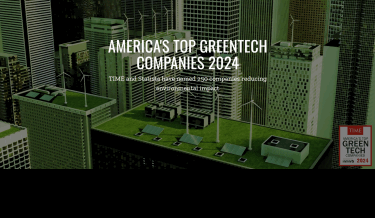 View of city skyline with text overlay stating "America's Top GreenTech Companies 2024"