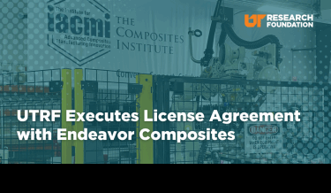 A manufacturing facility with advanced equipment is shown in the background. Overlaid text reads, 'UTRF Executes License Agreement with Endeavor Composites.' The logo for the UT Research Foundation (UTRF) is displayed in the upper right corner, and the Institute for Advanced Composites Manufacturing Innovation (IACMI) logo is partially visible on a banner in the background.