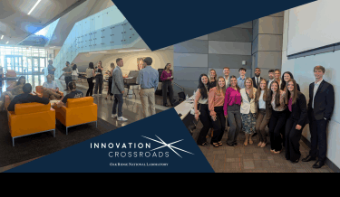 A split-image graphic showcasing the Innovation Crossroads logo. On the left, students and professionals mingle in a modern lobby with orange chairs and a staircase in the background. On the right, a large group of well-dressed students and mentors pose together in a classroom setting, smiling at the camera.
