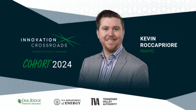 Portrait of Kevin Roccapriore, founder of AtomQ and Innovation Crossroads Cohort 2024 fellow, against a dark blue and gray background with the Innovation Crossroads logo. Logos of Oak Ridge National Laboratory, U.S. Department of Energy, and Tennessee Valley Authority appear at the bottom.