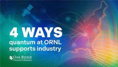 Graphic with colorful gradient background, faint satellite and quantum-related icons, and an outline of the United States. Large white and green text reads: '4 WAYS quantum at ORNL supports industry.' Oak Ridge National Laboratory logo appears at the bottom left.