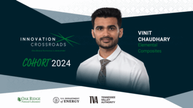 Portrait of Vinit Chaudhary, founder of Elemental Composites and Innovation Crossroads Cohort 2024 fellow, against a dark blue and gray background with the Innovation Crossroads logo. Logos of Oak Ridge National Laboratory, U.S. Department of Energy, and Tennessee Valley Authority appear at the bottom.