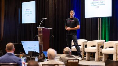 Witching Hour founder Lance Adler pitches at the Opportunities in Energy conference in Knoxville, TN in November 2025. Through Innovation Crossroads, startup founders receive coaching in marketing and communication, helping them evolve their ideas from R&D to marketplace reality. Credit: Shawn Poynter Photography