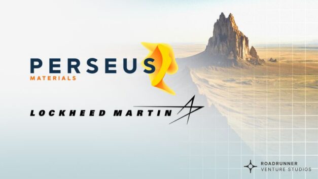 Graphic featuring the Perseus Materials logo alongside the Lockheed Martin logo, set against a desert landscape with a prominent rock formation. Roadrunner Venture Studios logo appears in the lower corner, indicating the strategic investment announcement.