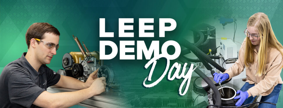 Banner showing two people working with laboratory equipment on either side of large text reading ‘LEEP Demo Day,’ representing the Lab‑Embedded Entrepreneurship Program event.