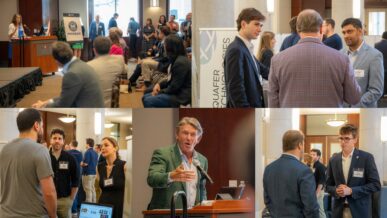 Collage of a professional gathering with speakers addressing attendees and small groups connecting during networking moments at an indoor conference venue.